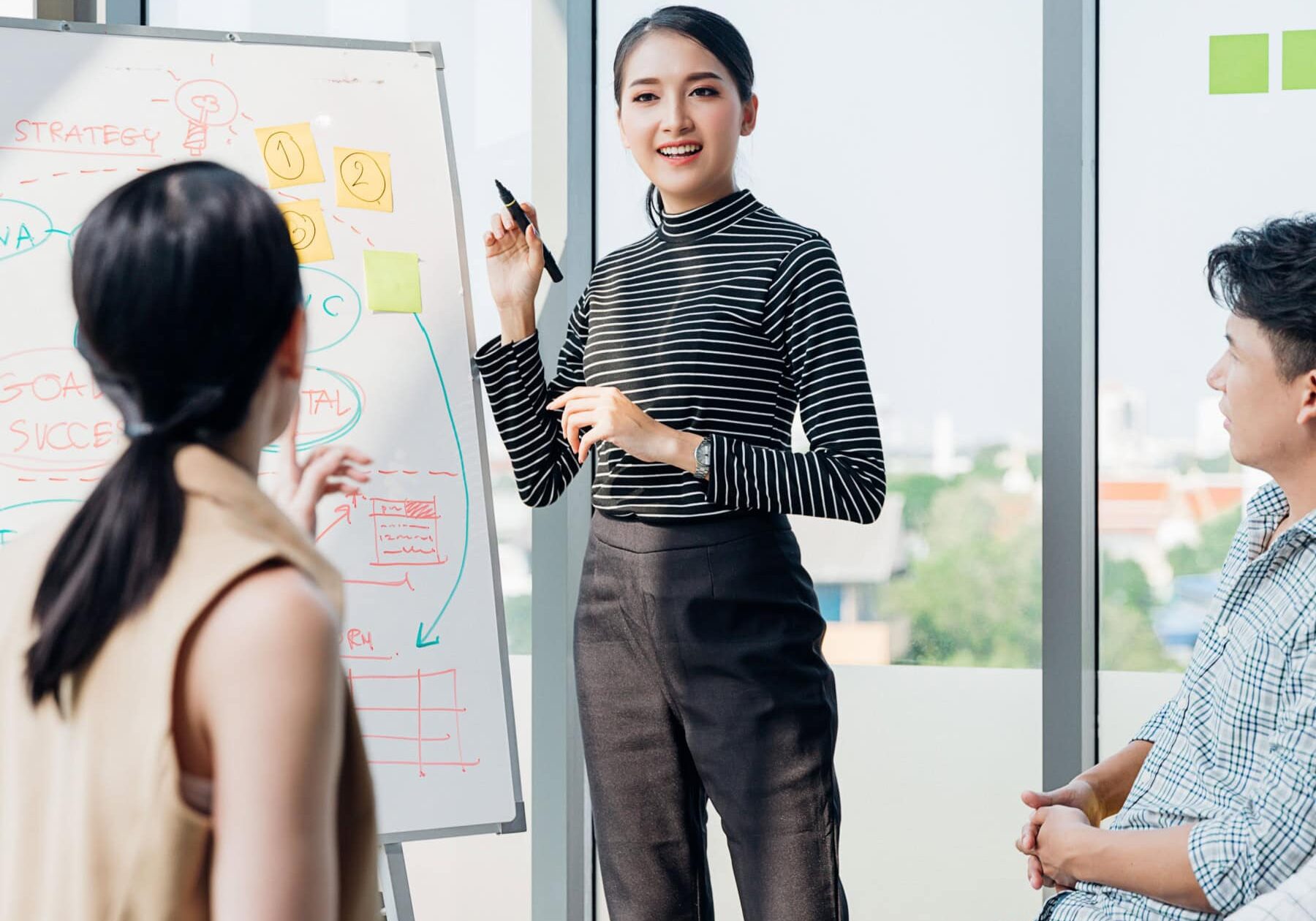 icf-about-waves-of-change A woman is instructing others in an office on the waves of change.